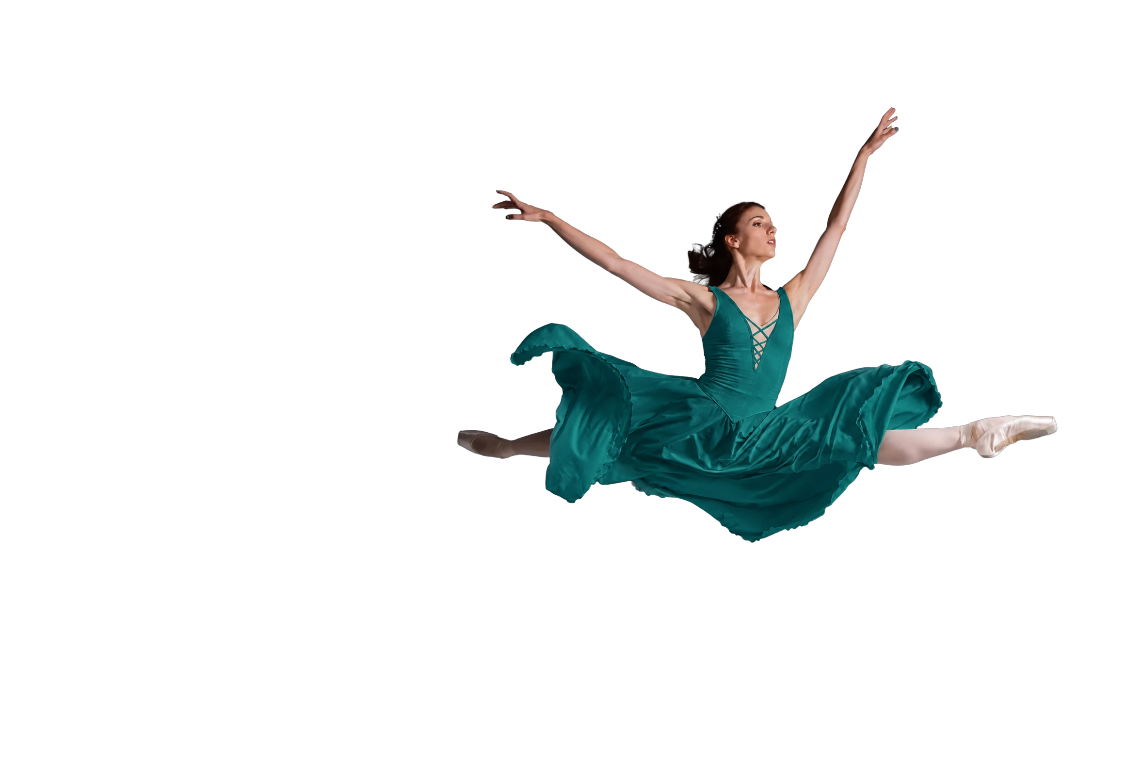 Bailarina con vestido verde en pleno grand jeté